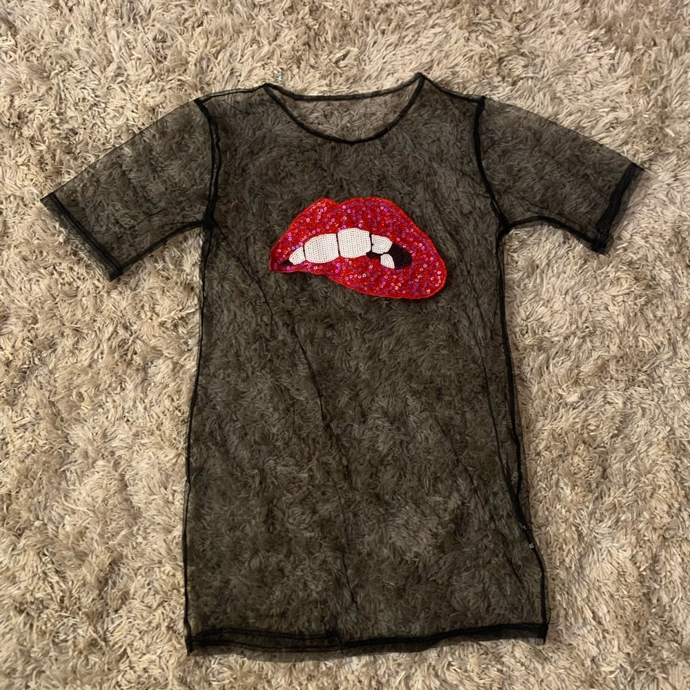 Mesh Sequin Lips Shirt Dress Festival Rave Burning Man NWOT